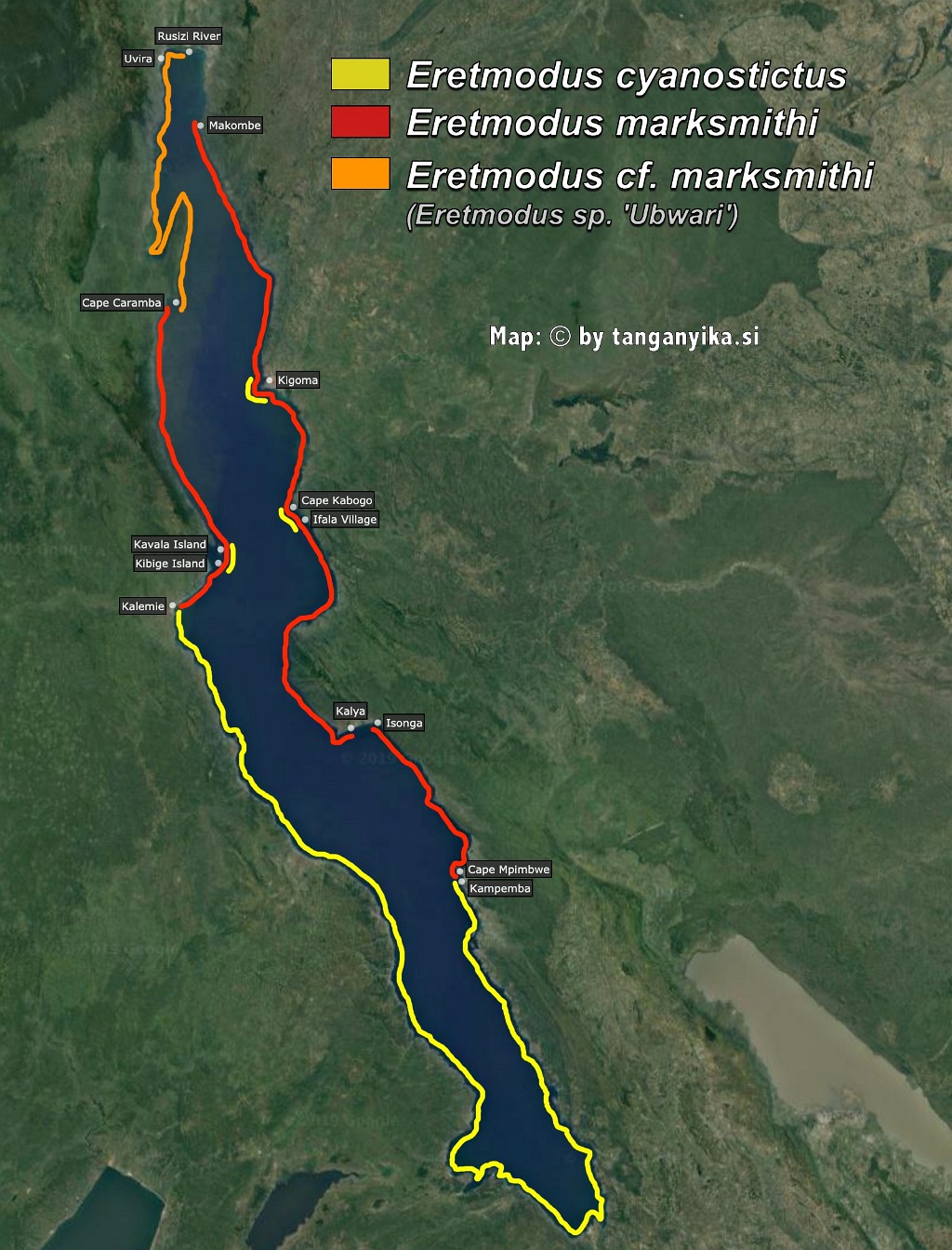 Eretmodus distribution map by tanganyika.si
